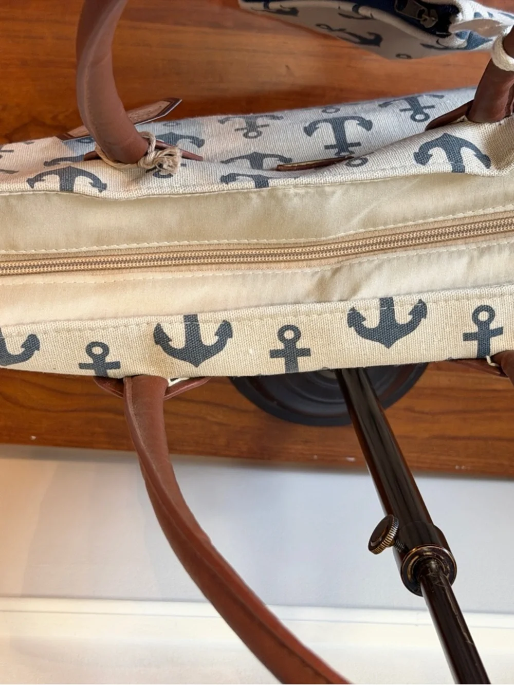 Reduced!! NWT Sun 'N' Sand Canvas Nautical Anchor Print Tote with Brown Handles - Picture 5 of 16